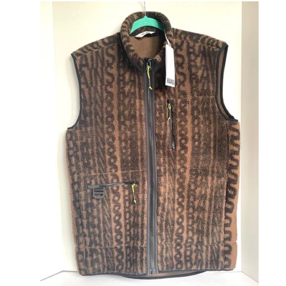 Rains Fleece Vest Mens Medium Brown Winter Warm Full Zip Heavy Monogram - Picture 6 of 6